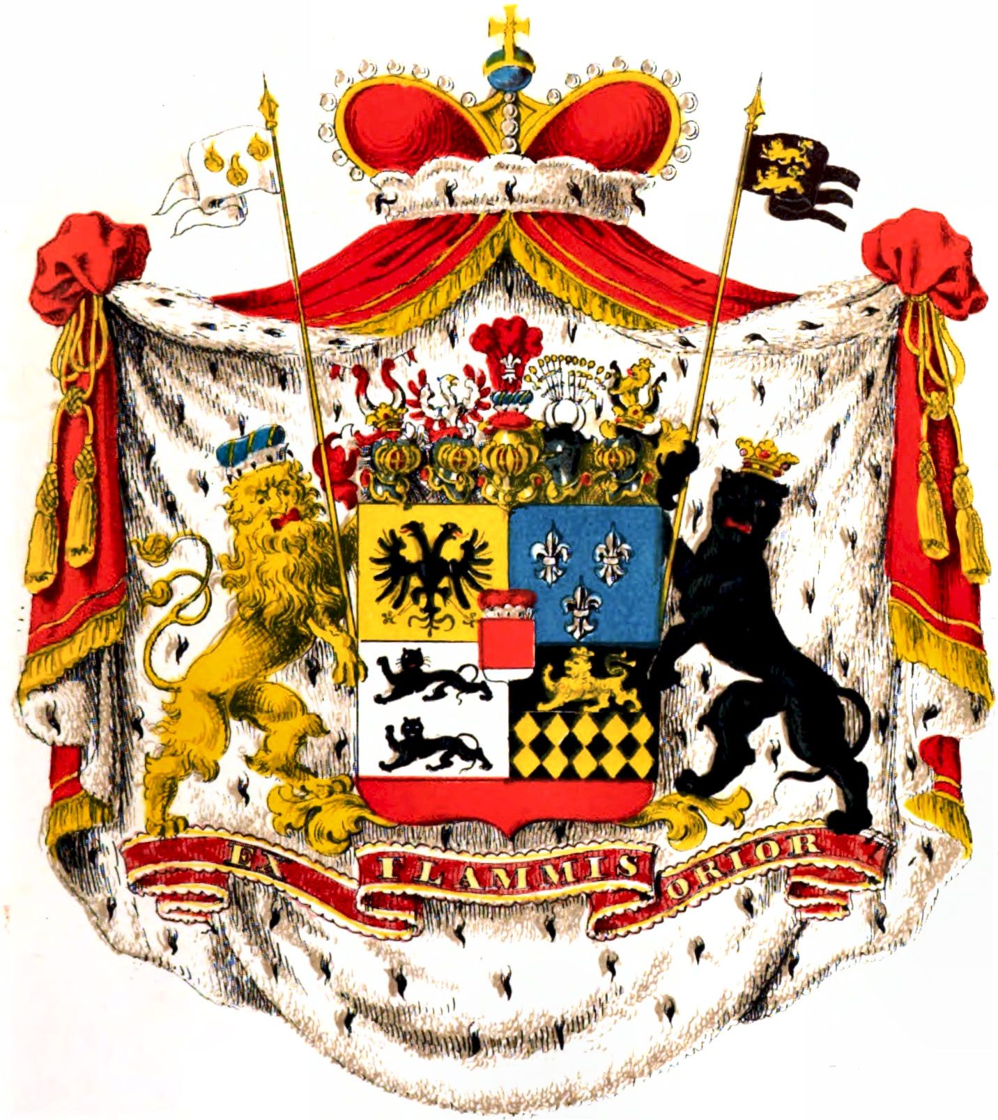 Erb rodu Hohenlohe se štítonoši, plastem a korunou