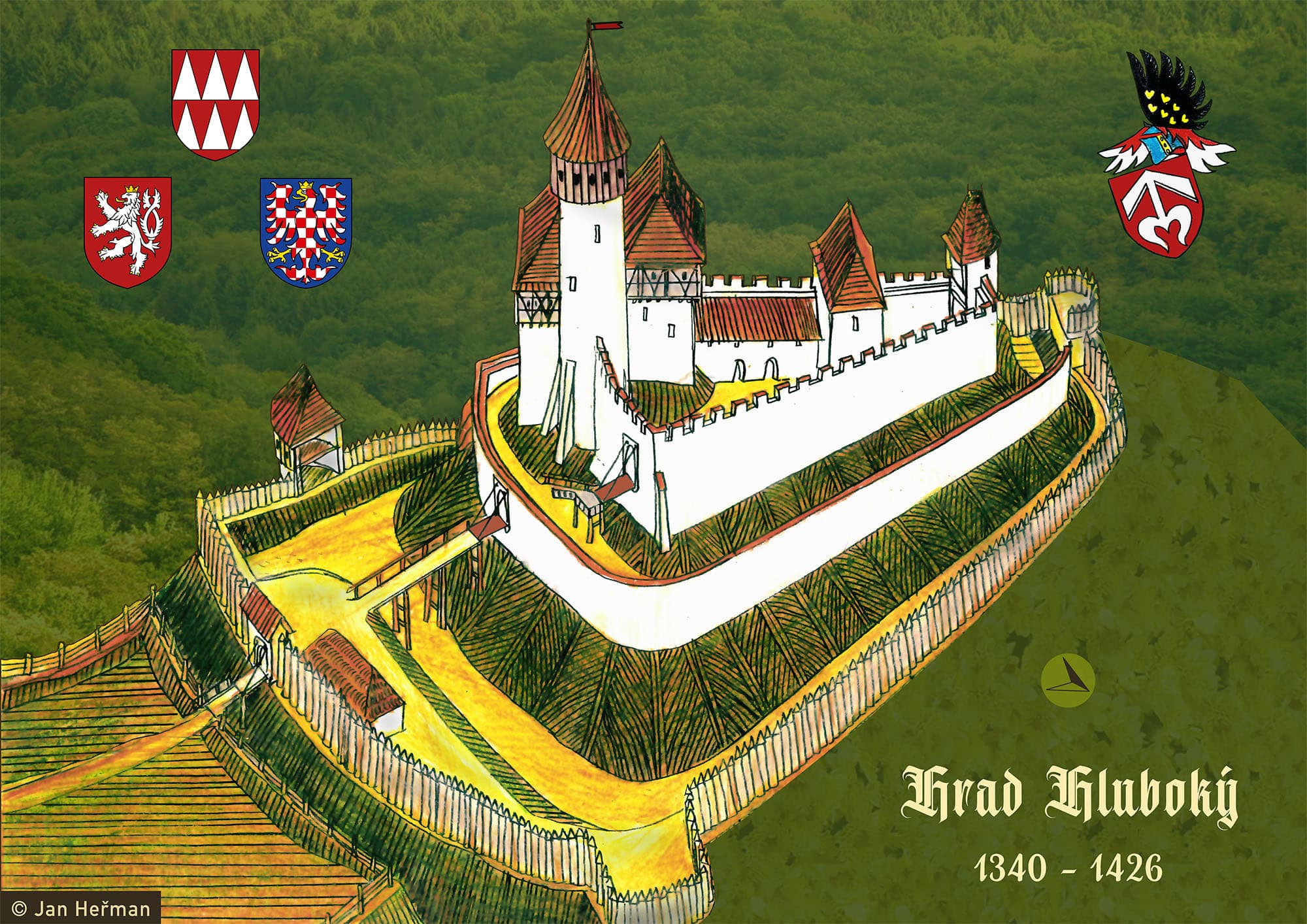 Možná podoba hradu Hluboký podle Jana P. Štěpánka (kresba Jan Heřman)