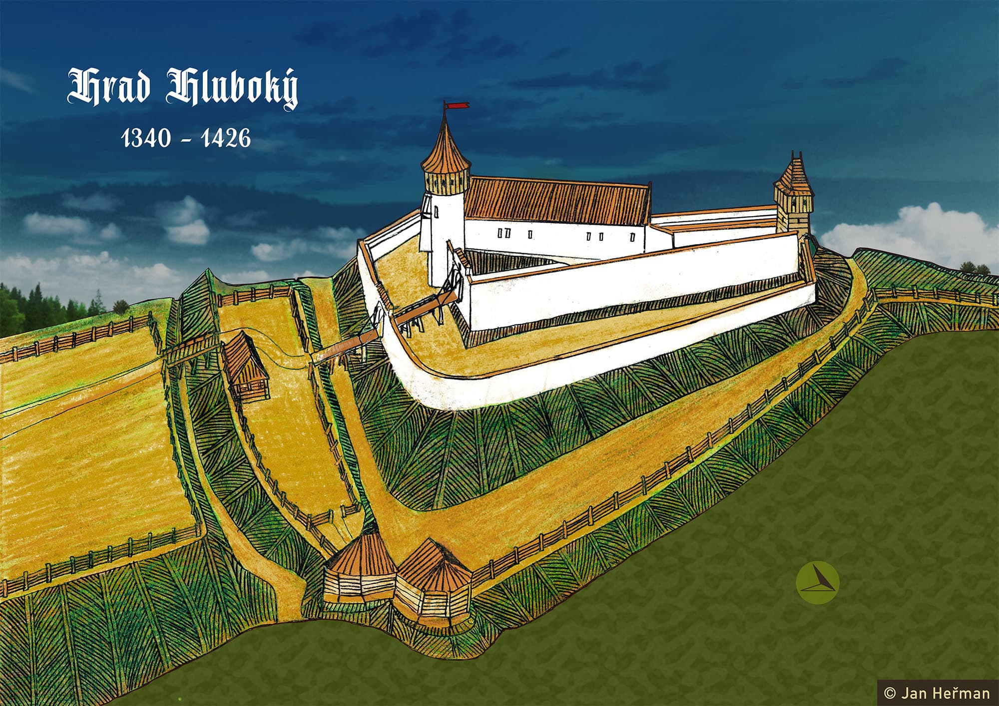 Možná podoba hradu Hluboký podle M. Plačka (kresba Jan Heřman)