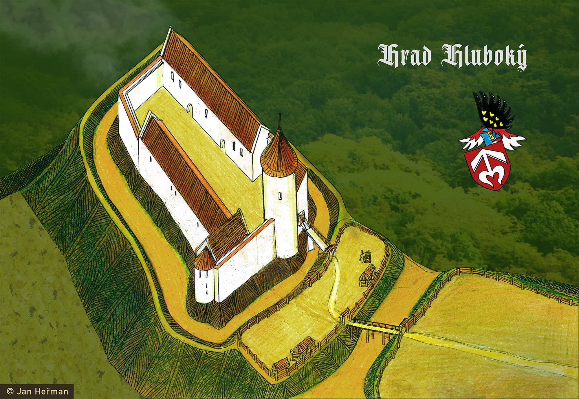 Možná podoba hradu Hluboký podle M. Plačka s erbem pánů z Kravař (kresba Jan Heřman)